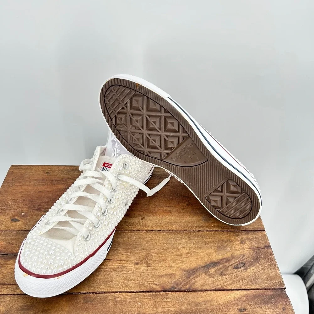 Converse All Star Pearl Embellished Low  Sneakers Ivory Bridal‎ Shoes Womens 8.5